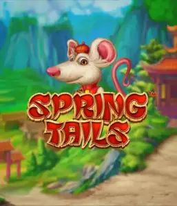 An enchanting illustration of a white rat dressed in traditional Chinese attire standing in a scenic mountain backdrop. The image represents the Spring Tails game by Betsoft, highlighted with bold red and gold logo lettering.