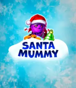  Behold the unique "Santa Mummy" slot game by Belatra, featuring a mummified Santa dressed in festive holiday attire. This colorful image captures the mummy with a vivid purple hue, wearing a Santa hat, against a backdrop of snowy blue with icy snowflakes. The game's title, "Santa Mummy," is boldly written in large, frost-like blue letters.